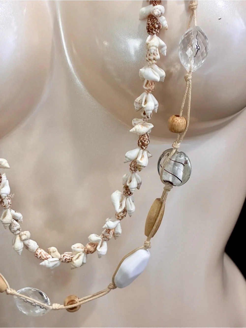 Stackable Beach Chic White & Tan Layered Shell & Bead Textured Necklace Lot of 2